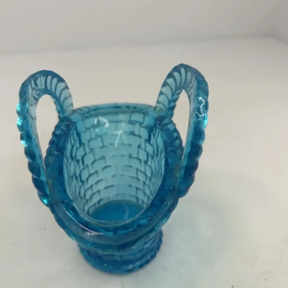 Vintage Aqua Blue Glass Mini Basketweave Trinket Dish Toothpick Holder